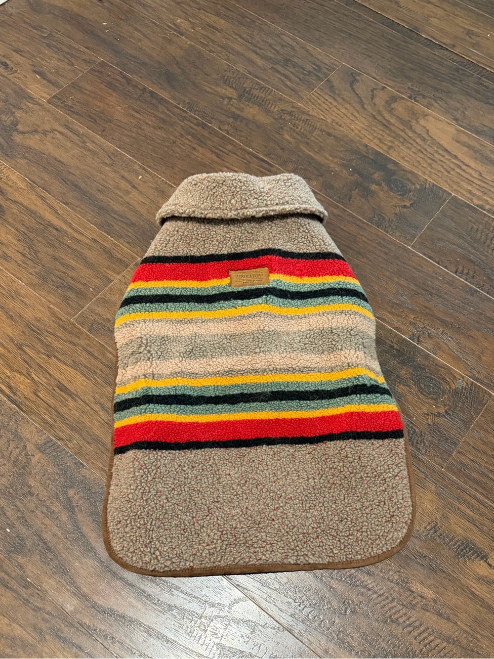 Pendleton Tan Sherpa Dog Coat with Red, Yellow, Green and Black Stripes